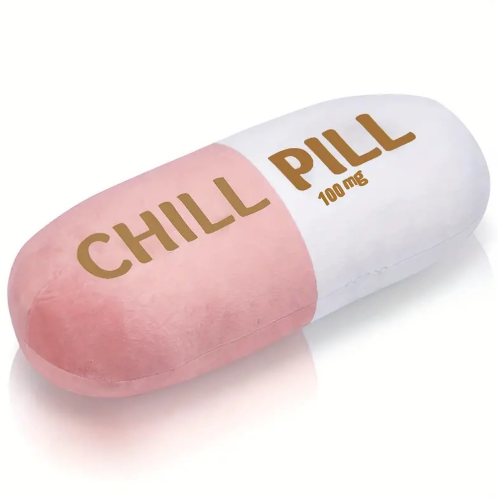 Chill pill throw pillow. Pink + white.
